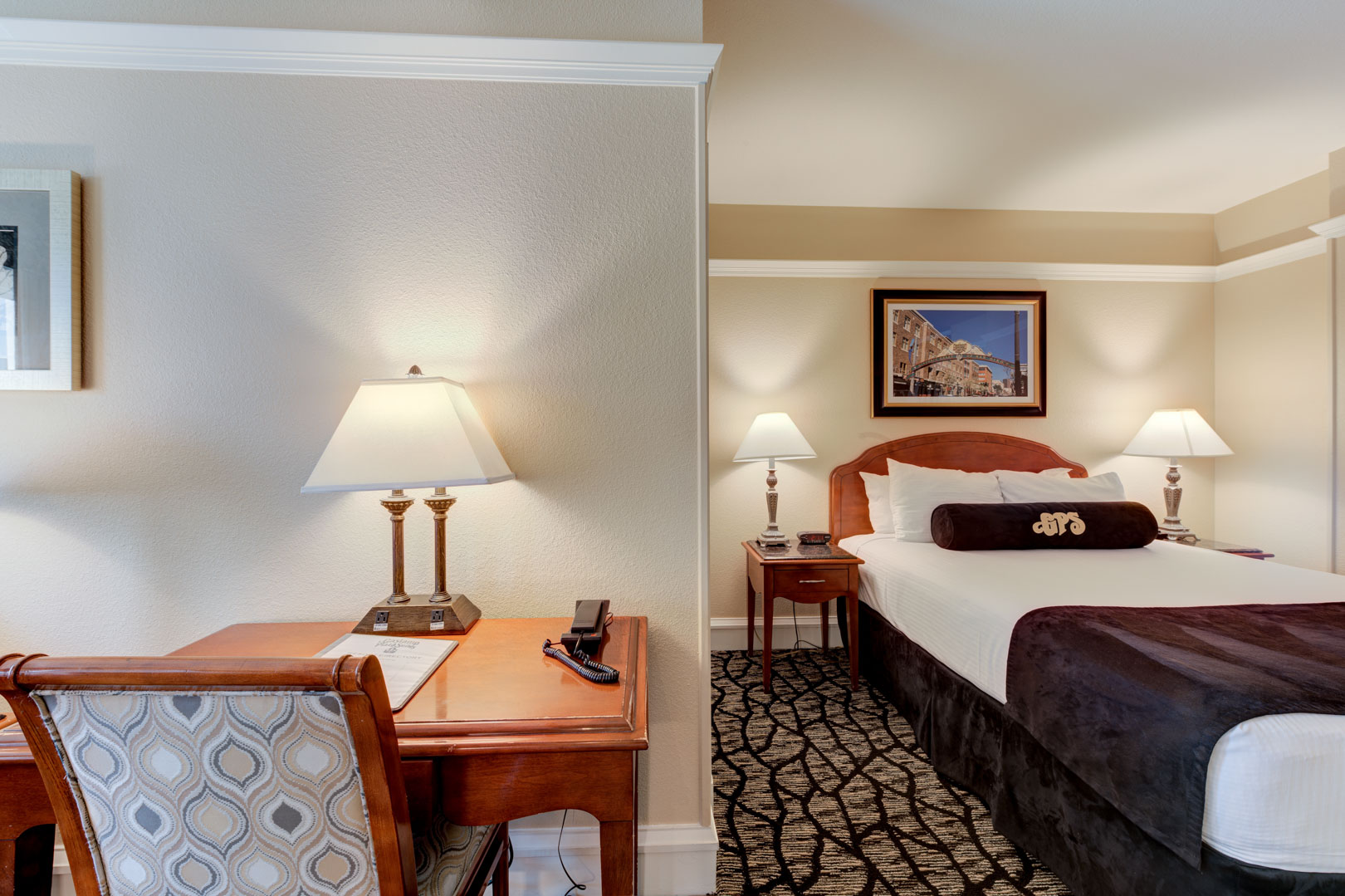 A renovated master bedroom at VRI's Gaslamp Plaza Suites in San Diego, California.